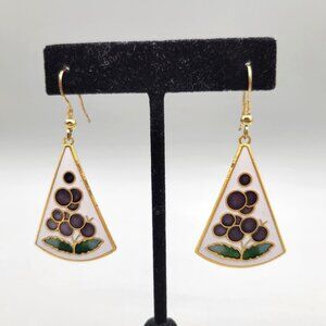 Cloisonne Floral Drop Dangle Earrings Gold Tone Hooks